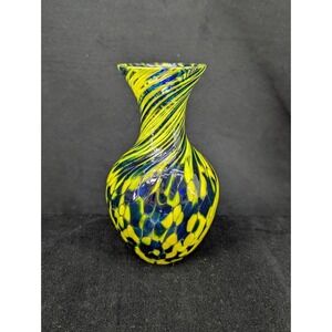 VTG Czech Crystal Vase 5" Royal Limited Mouth Blown Confetti Swirl Blue Yellow